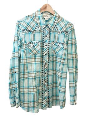 Ariat Turquoise Plaid Fitted Button-Down Western Shirt with Stud Snap Closure XL